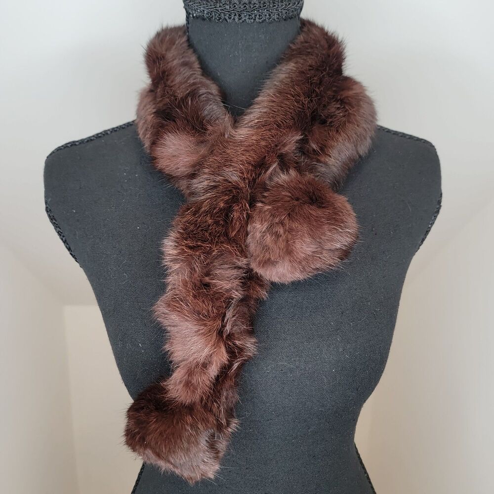 Genuine Rex Rabbit Fur Scarf Brown Ladder Knit Keyhole Pull Through Pom Pom Ends
